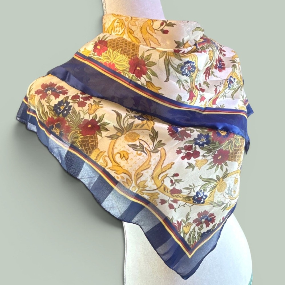 Vintage Square Scarf Navy Red Gold 31" Floral Basket Preppy Luxe Made in Italy